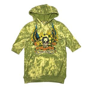 Sparrow Y2K Tattoo Tough As Nails Hoodie Sweatshirt Green Bleach Dye Medium